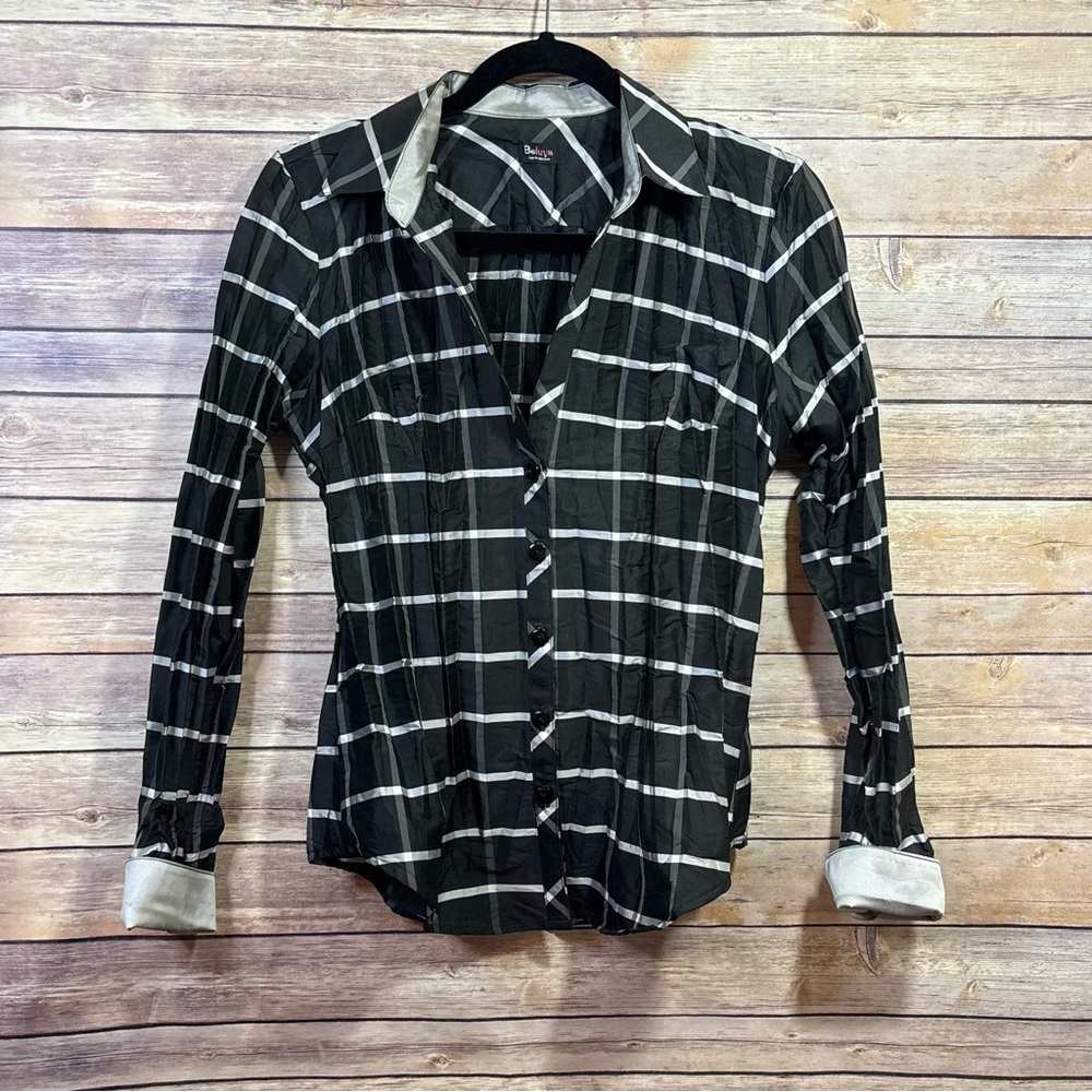 Beluva San Francisco Button Down Crinkle Blouse Black White Size Small